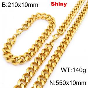 Fashionable and minimalist stainless steel gold-plated Cuban chain 10mm lobster buckle polished bracelet necklace two-piece set - KS222072-Z