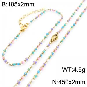 Fashion Ins style stainless steel colorful rice bead chain bracelet necklace two-piece set - KS222441-Z