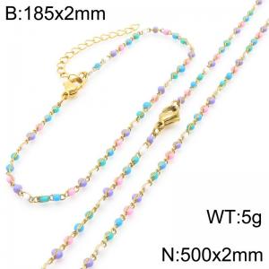 Fashion Ins style stainless steel colorful rice bead chain bracelet necklace two-piece set - KS222442-Z