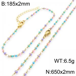 Fashion Ins style stainless steel colorful rice bead chain bracelet necklace two-piece set - KS222445-Z