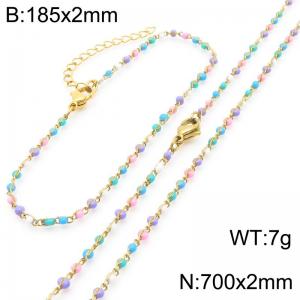 Fashion Ins style stainless steel colorful rice bead chain bracelet necklace two-piece set - KS222446-Z