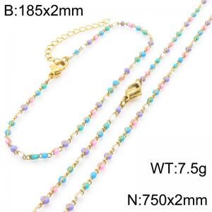 Fashion Ins style stainless steel colorful rice bead chain bracelet necklace two-piece set - KS222447-Z