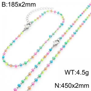 Fashion Ins style stainless steel colorful rice bead chain bracelet necklace two-piece set - KS222448-Z