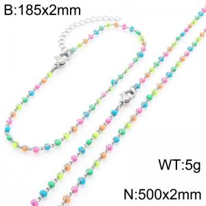 Fashion Ins style stainless steel colorful rice bead chain bracelet necklace two-piece set - KS222449-Z