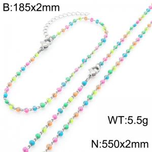 Fashion Ins style stainless steel colorful rice bead chain bracelet necklace two-piece set - KS222450-Z