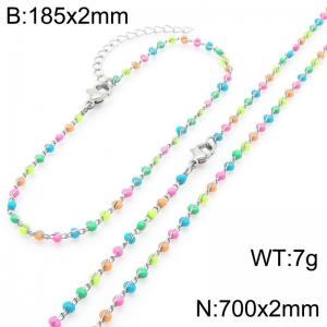 Fashion Ins style stainless steel colorful rice bead chain bracelet necklace two-piece set - KS222453-Z