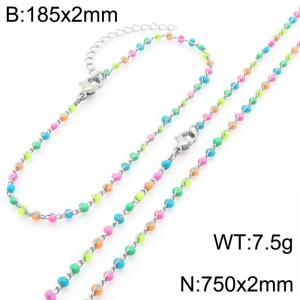 Fashion Ins style stainless steel colorful rice bead chain bracelet necklace two-piece set - KS222454-Z