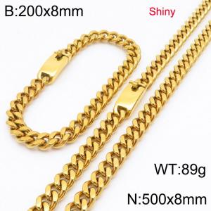Fashion stainless steel 8mm polished gold-plated Cuban chain bracelet and necklace two-piece set - KS223457-Z