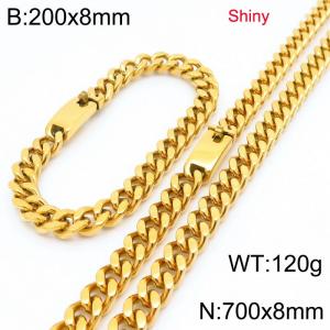 Fashion stainless steel 8mm polished gold-plated Cuban chain bracelet and necklace two-piece set - KS223489-Z