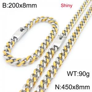 Fashion stainless steel 8mm polished gold silver mixed color Cuban chain bracelet and necklace two-piece set - KS223491-Z