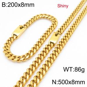 Fashion stainless steel 8mm polished gold-plated round ground Cuban chain bracelet and necklace two-piece set - KS223499-Z