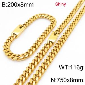 Fashion stainless steel 8mm polished gold-plated round ground Cuban chain bracelet and necklace two-piece set - KS223504-Z