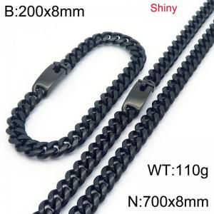 Fashion stainless steel 8mm polished black round ground Cuban chain bracelet and necklace two-piece set - KS223517-Z