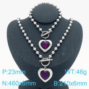 460X6MM Round Bead Chain Stainless Steel Necklace Bracelet set Women's Party Colorful Stone Love Jewelry Silver Color - KS223529-Z