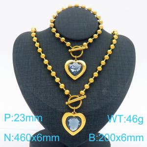 460X6MM Round Bead Chain Stainless Steel Necklace Bracelet set Women's Party Colorful Stone Love Jewelry Gold Color - KS223532-Z