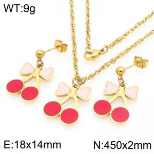 Boho Cherry Charm Jewelry Sets Women's Gold Color Stainless Steel Neckalce & Earrings - KS226001-Z