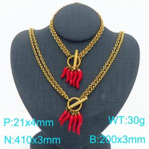 Elegant Gold Color Link Jewelry Sets for Women Adorned with Chili Charms Stainless Steel Bracelet & Neckalce - KS226062-Z