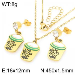 Fashion stainless steel colored coffee cup earrings and necklace two-piece set - KS226073-Z