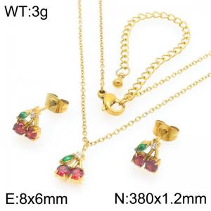 European and American fashion personality stainless steel creative fruit series three-dimensional zircon inlaid cherry temperament gold 2-piece set - KS226893-GC
