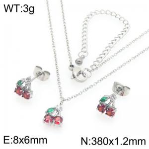 European and American fashion personality stainless steel creative fruit series three-dimensional zircon inlaid cherry temperament silver 2-piece set - KS226894-GC