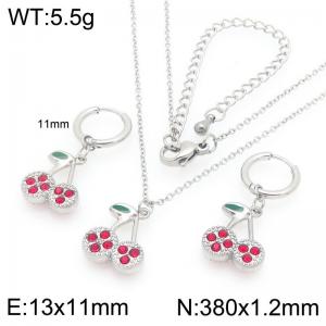 European and American fashion personality stainless steel creative fruit series three-dimensional zircon inlaid cherry temperament silver 2-piece set - KS226895-GC