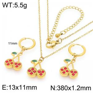 European and American fashion personality stainless steel creative fruit series three-dimensional zircon inlaid cherry temperament gold 2-piece set - KS226896-GC