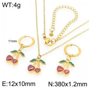 European and American fashion personality stainless steel creative fruit series set with zircon heart-shaped cherry temperament gold 2-piece set - KS226897-GC
