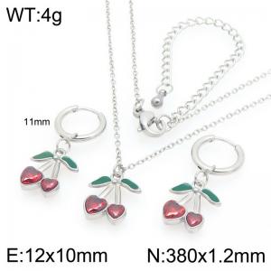 uropean and American fashion personality stainless steel creative fruit series set with zircon heart-shaped cherry temperament silver 2-piece set - KS226898-GC
