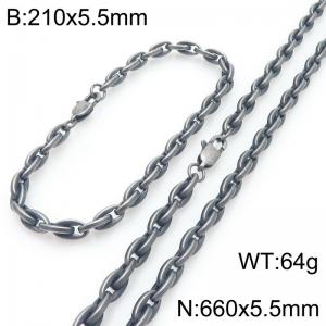 5.5mm Oxidized Black Stainless Steel Link Necklace-Bracelet Set - KS227060-KFC
