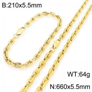 5.5mm Gold-Plated Stainless Steel Link Necklace-Bracelet Set - KS227061-KFC