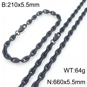 5.5mm Black Stainless Steel Link Necklace-Bracelet Set - KS227062-KFC