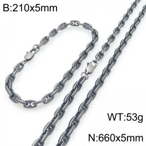 5mm Oxidized Black Stainless Steel Pig Nose Link Necklace-Bracelet Set - KS227064-KFC