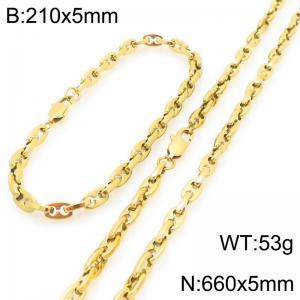 5mm Gold-Plated Stainless Steel Pig Nose Link Necklace-Bracelet Set - KS227065-KFC
