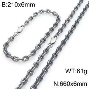 6mm Oxidized Black Stainless Steel Link Necklace-Bracelet Set - KS227068-KFC