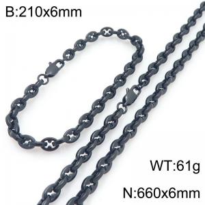 6mm Black Stainless Steel Link Necklace-Bracelet Set - KS227070-KFC