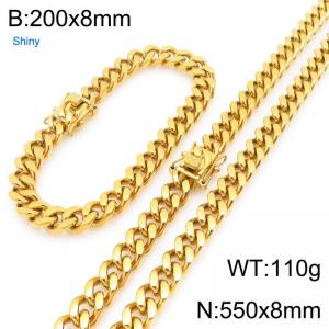 550cm Stainless Steel Set  Cuban Chain Shiny Gold Color - KS227143-ZLY