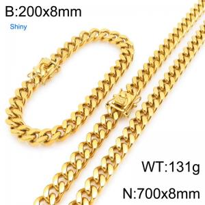 700cm Stainless Steel Set  Cuban Chain Shiny Gold Color - KS227146-ZLY