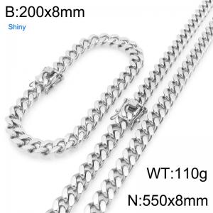 550cm Stainless Steel Set  Cuban Chain Shiny Silver Color - KS227150-ZLY