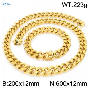 12mm Wide 600cm Long Stainless Steel Set Bracelet Necklace Cuban Chain Shiny Gold Color - KS227172-ZLY