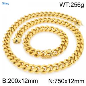 12mm Wide 750cm Long Stainless Steel Set Bracelet Necklace Cuban Chain Shiny Gold Color - KS227175-ZLY