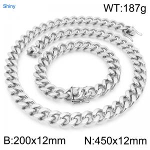 12mm Wide 450cm Long Stainless Steel Set Bracelet Necklace Cuban Chain Shiny Silver Color - KS227176-ZLY