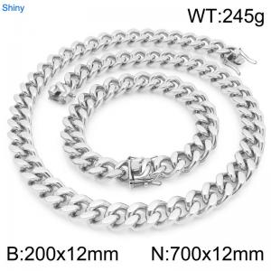 12mm Wide 700cm Long Stainless Steel Set Bracelet Necklace Cuban Chain Shiny Silver Color - KS227181-ZLY