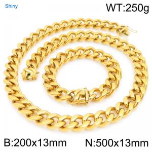 13mm Wide 500cm Long Stainless Steel Set Bracelet Necklace Cuban Chain Shiny Gold Color - KS227184-ZLY