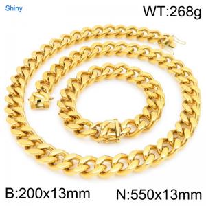 13mm Wide 550cm Long Stainless Steel Set Bracelet Necklace Cuban Chain Shiny Gold Color - KS227185-ZLY