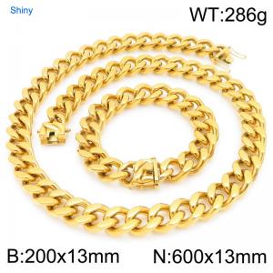13mm Wide 600cm Long Stainless Steel Set Bracelet Necklace Cuban Chain Shiny Gold Color - KS227186-ZLY