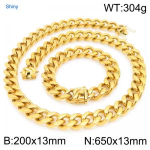 13mm Wide 650cm Long Stainless Steel Set Bracelet Necklace Cuban Chain Shiny Gold Color - KS227187-ZLY