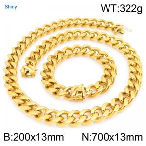 13mm Wide 700cm Long Stainless Steel Set Bracelet Necklace Cuban Chain Shiny Gold Color - KS227188-ZLY