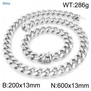 13mm Wide 600cm Long Stainless Steel Set Bracelet Necklace Cuban Chain Shiny Silver Color - KS227193-ZLY