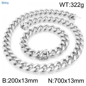 13mm Wide 700cm Long Stainless Steel Set Bracelet Necklace Cuban Chain Shiny Silver Color - KS227195-ZLY