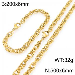 6mm Gold-Plated Stainless Steel 50cm Necklace&Bracelet Stranded Chain Set - KS227411-ZLY